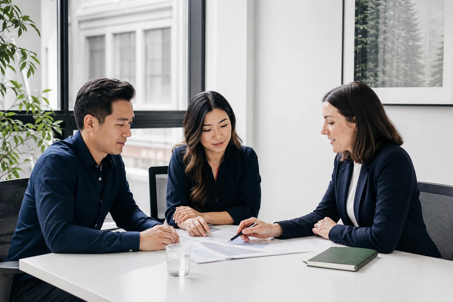 Advisor meeting with two small business owners around a table